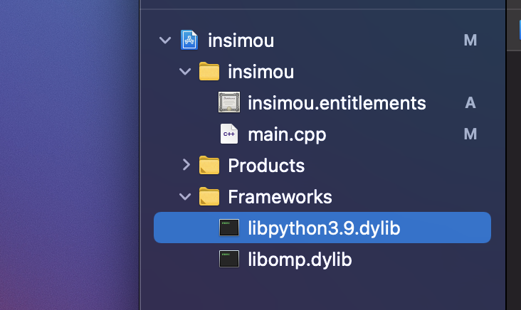 Screenshot showing xcode project with folder Frameworks